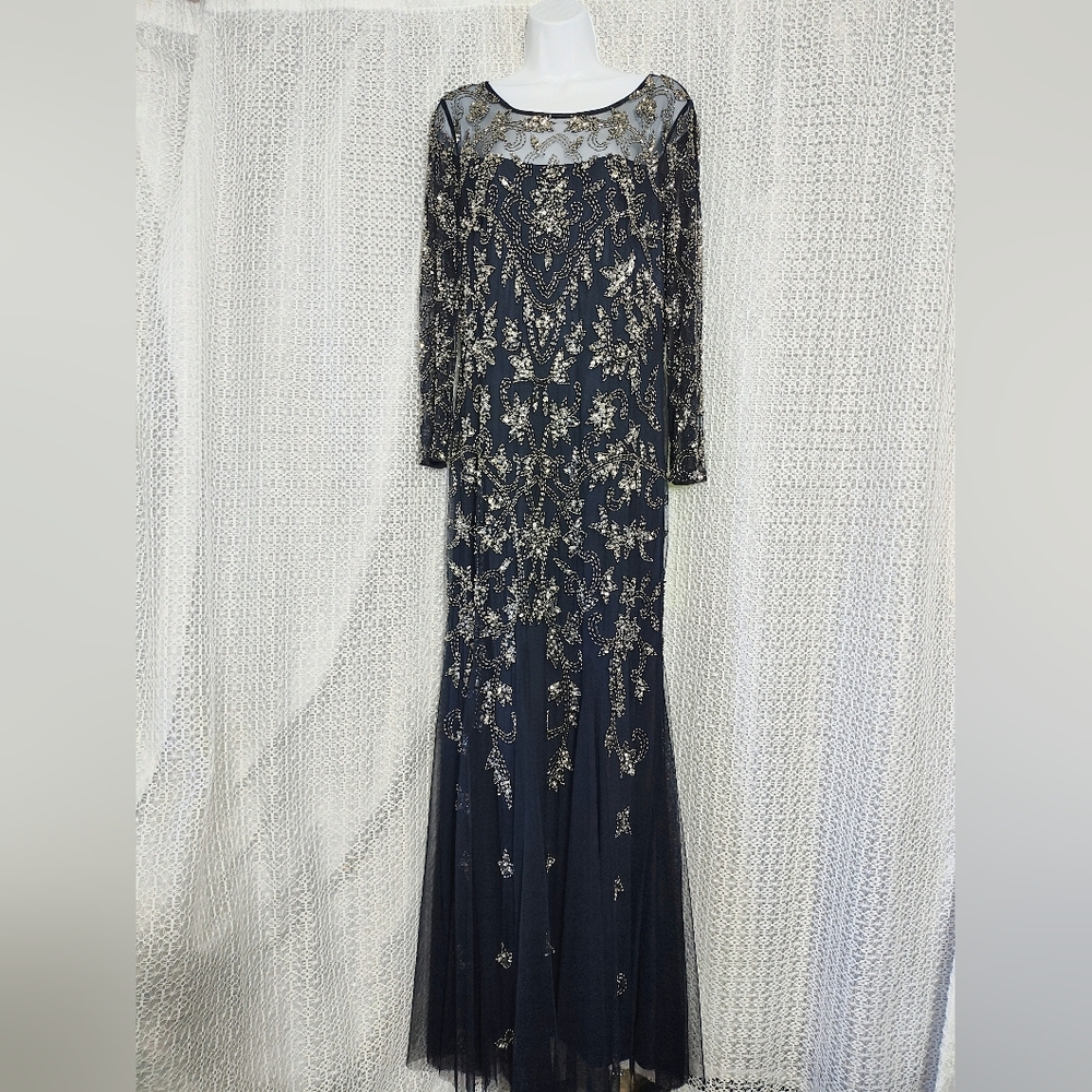 Adrianna Papell Navy and Gold Long Sleeve Gown - Picture 5 of 12